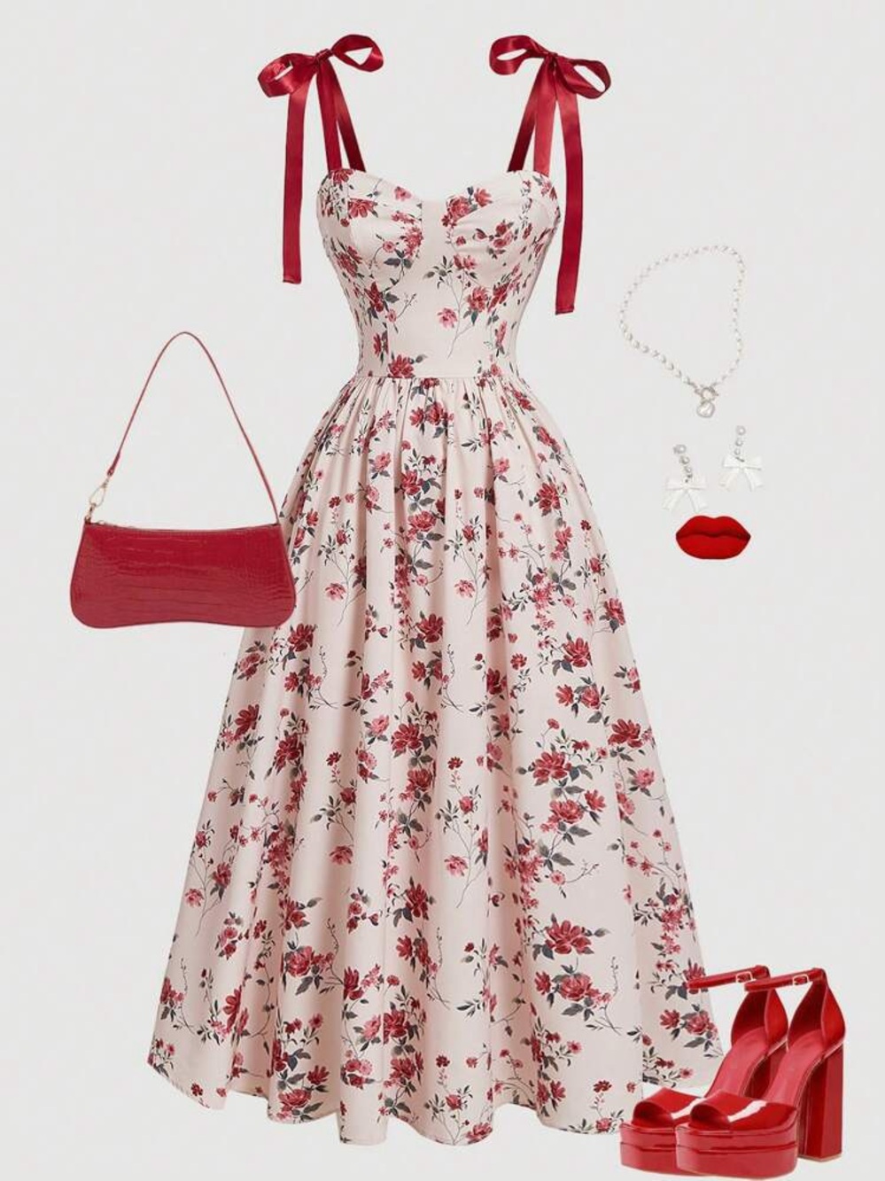 NWT SHEIN MOD floral printed maxi dress sweetheart neckline & red bow Ties SZ L